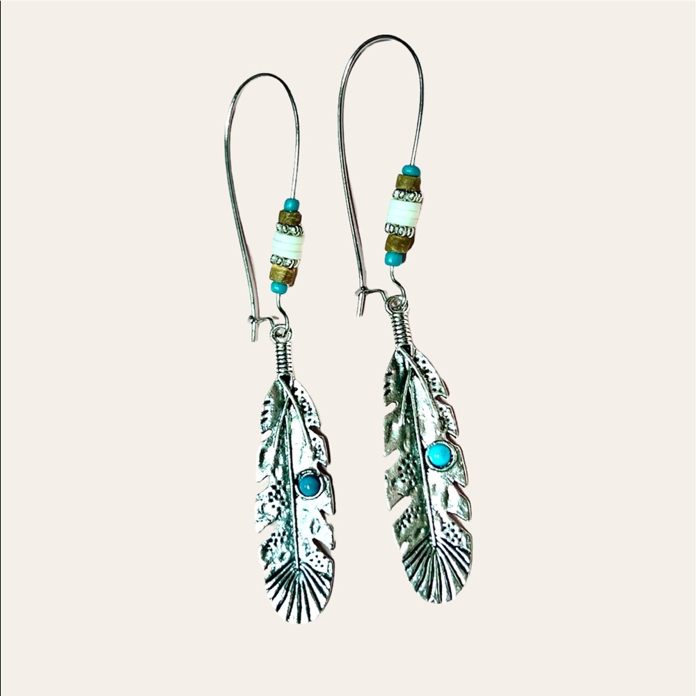 Feather beaded earrings with turquoise